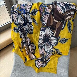 Furla Stunner Silk Yellow Floral Scarf with Deer Motif